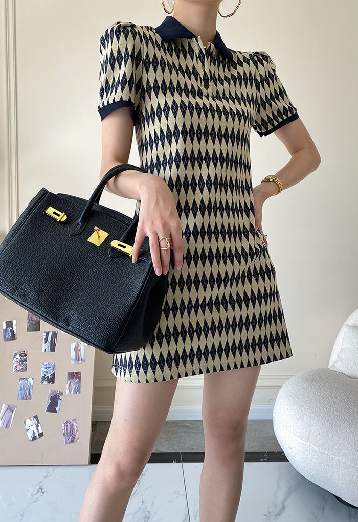 Diamond Pattern Knitted Polo Dress