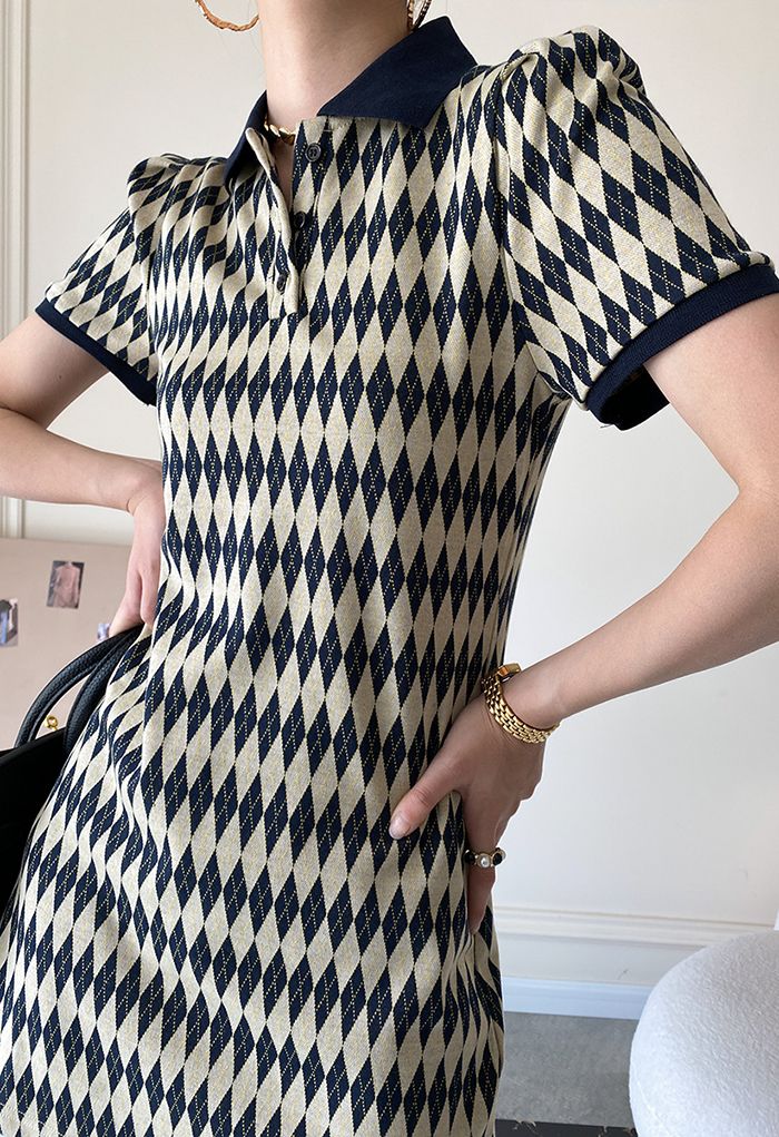 Diamond Pattern Knitted Polo Dress