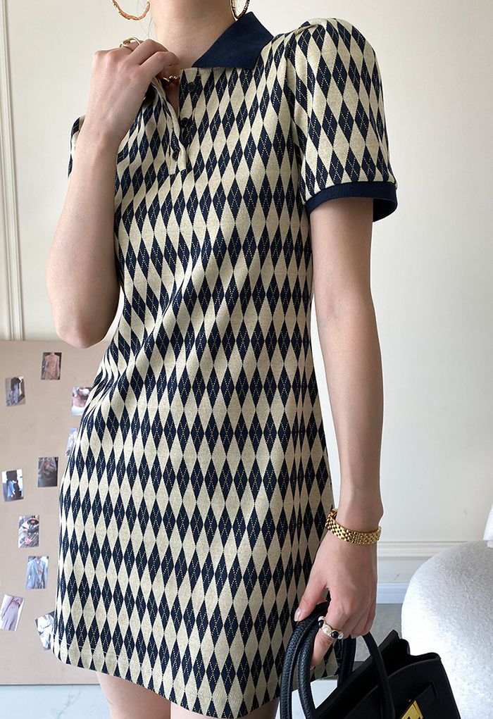 Diamond Pattern Knitted Polo Dress