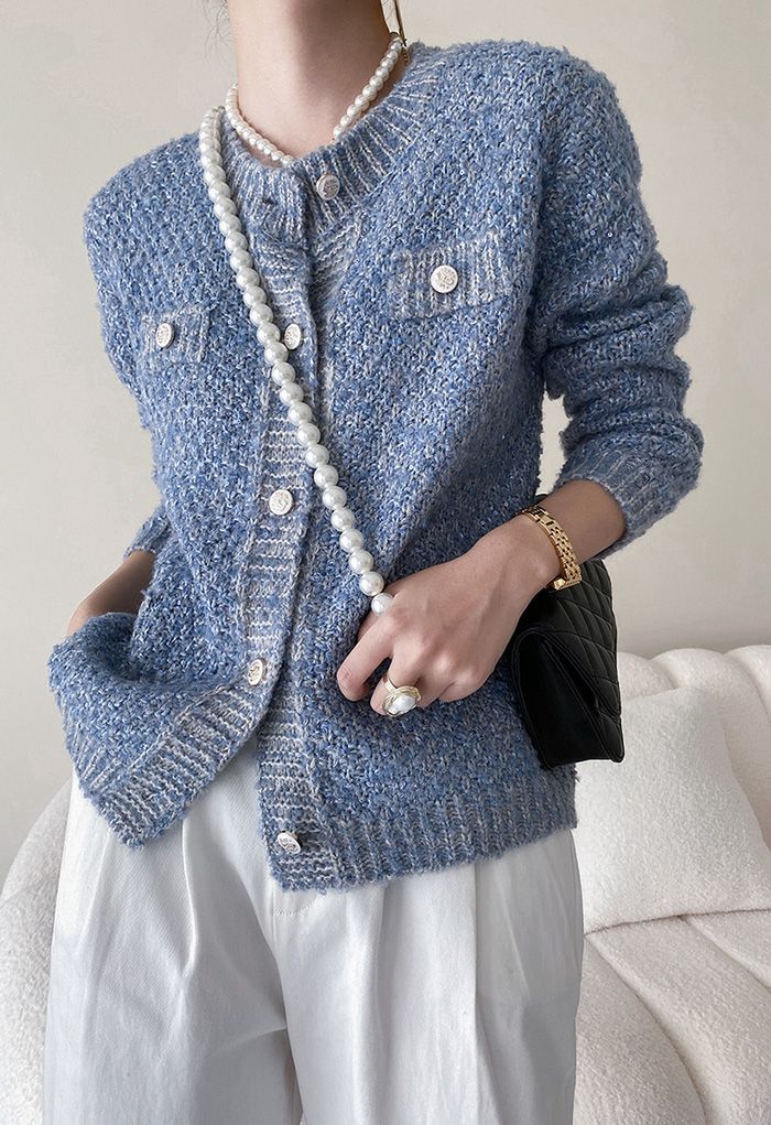 Sequins Trim Mohair Knit Cardigan in Blue