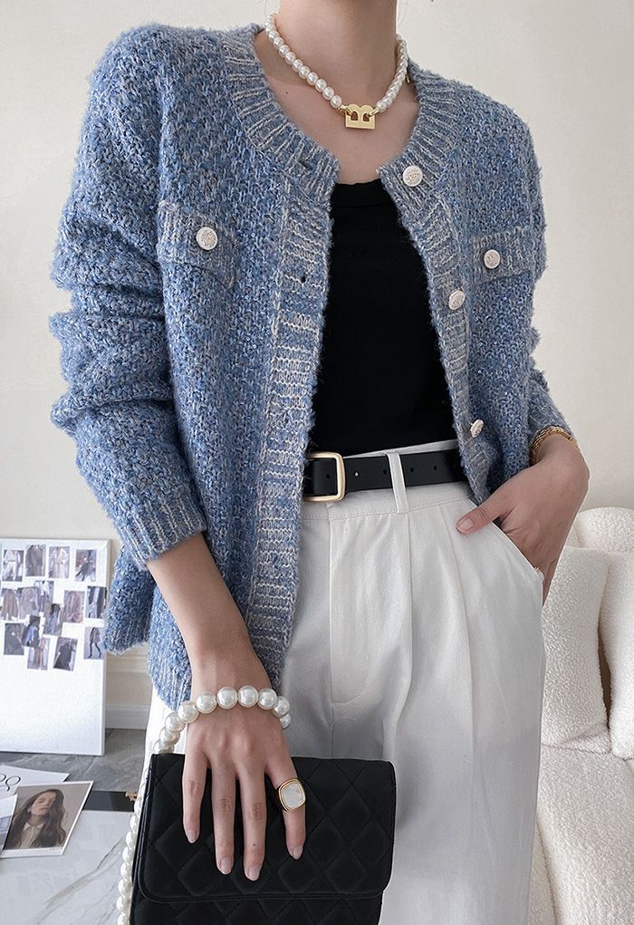 Sequins Trim Mohair Knit Cardigan in Blue