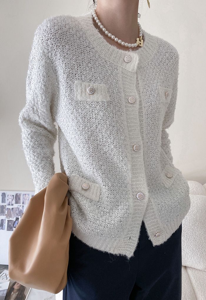 Sequins Trim Mohair Knit Cardigan in White