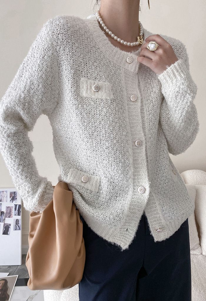 Sequins Trim Mohair Knit Cardigan in White