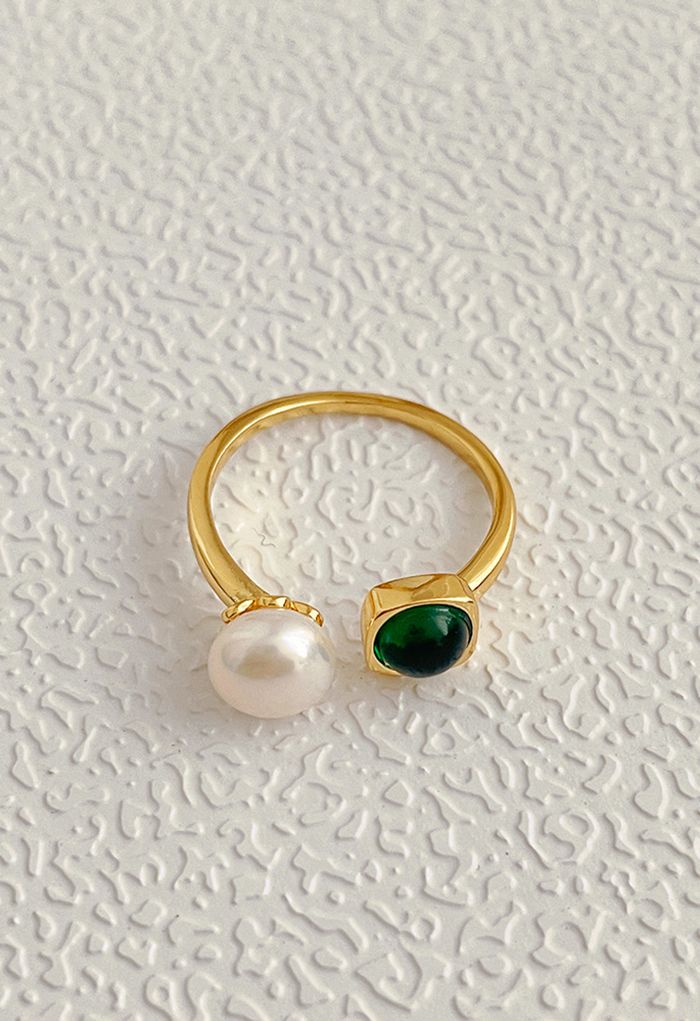 Emerald Gem and Pearl Open Ring