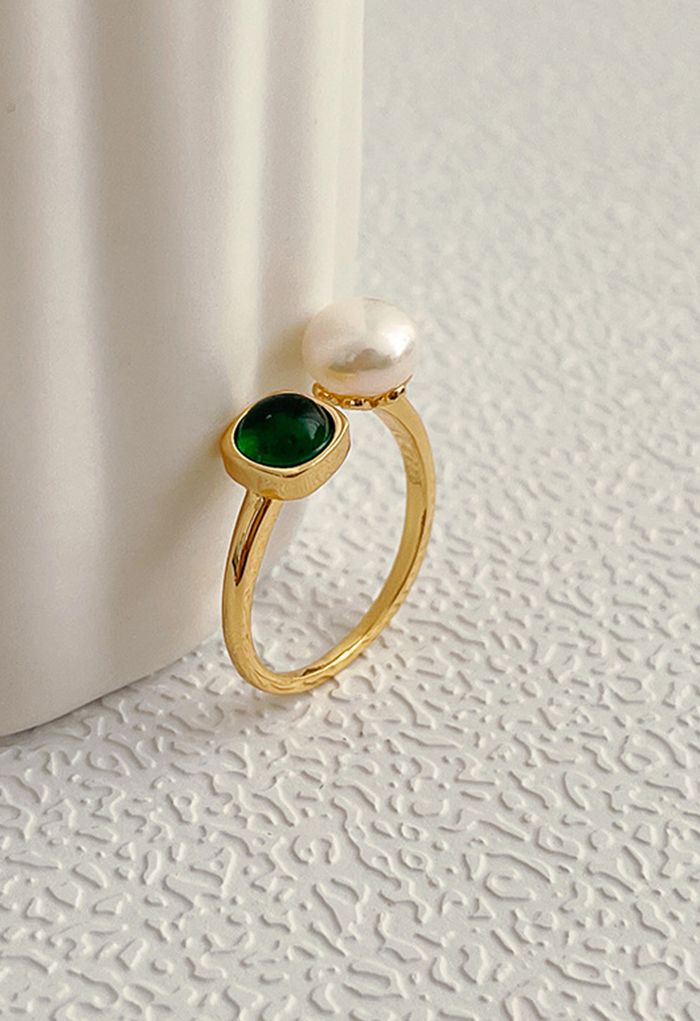 Emerald Gem and Pearl Open Ring