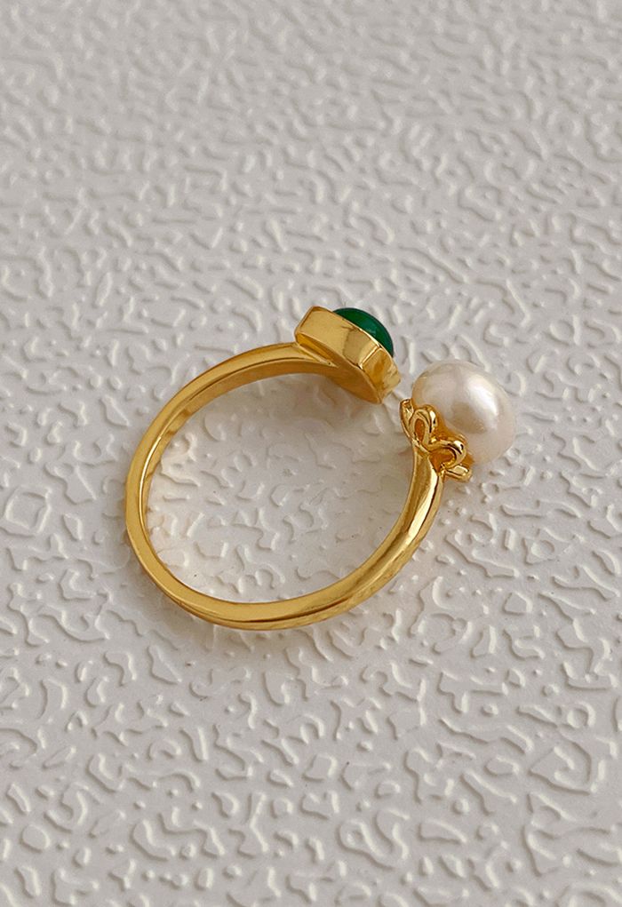 Emerald Gem and Pearl Open Ring