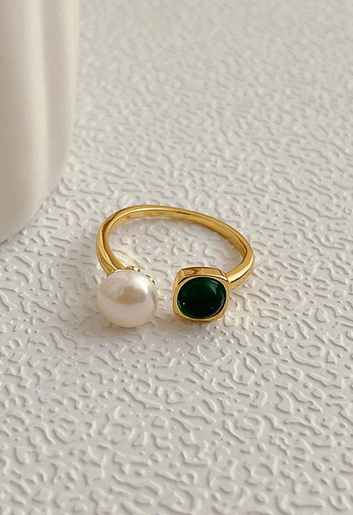 Emerald Gem and Pearl Open Ring