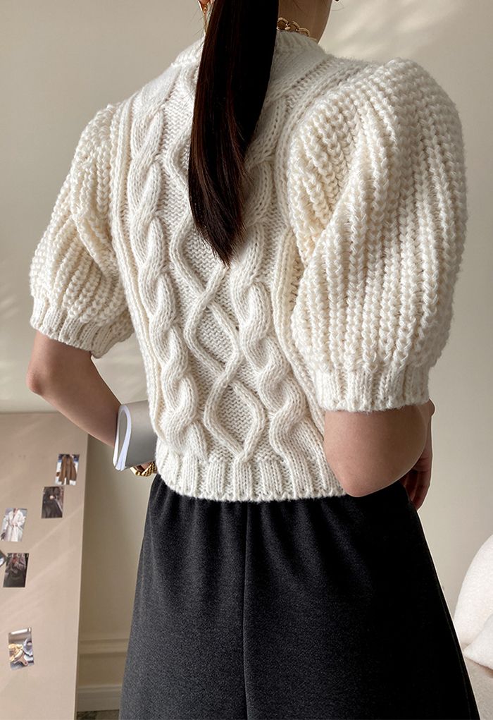 Bubble Sleeve Braided Ribbed Sweater