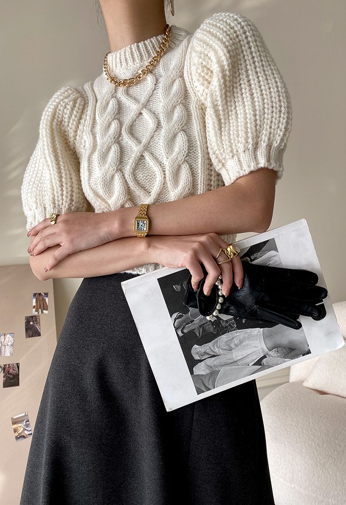 Bubble Sleeve Braided Ribbed Sweater