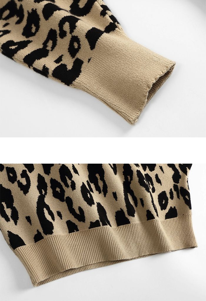 Leopard Jacquard Batwing Sleeve Sweater in Camel