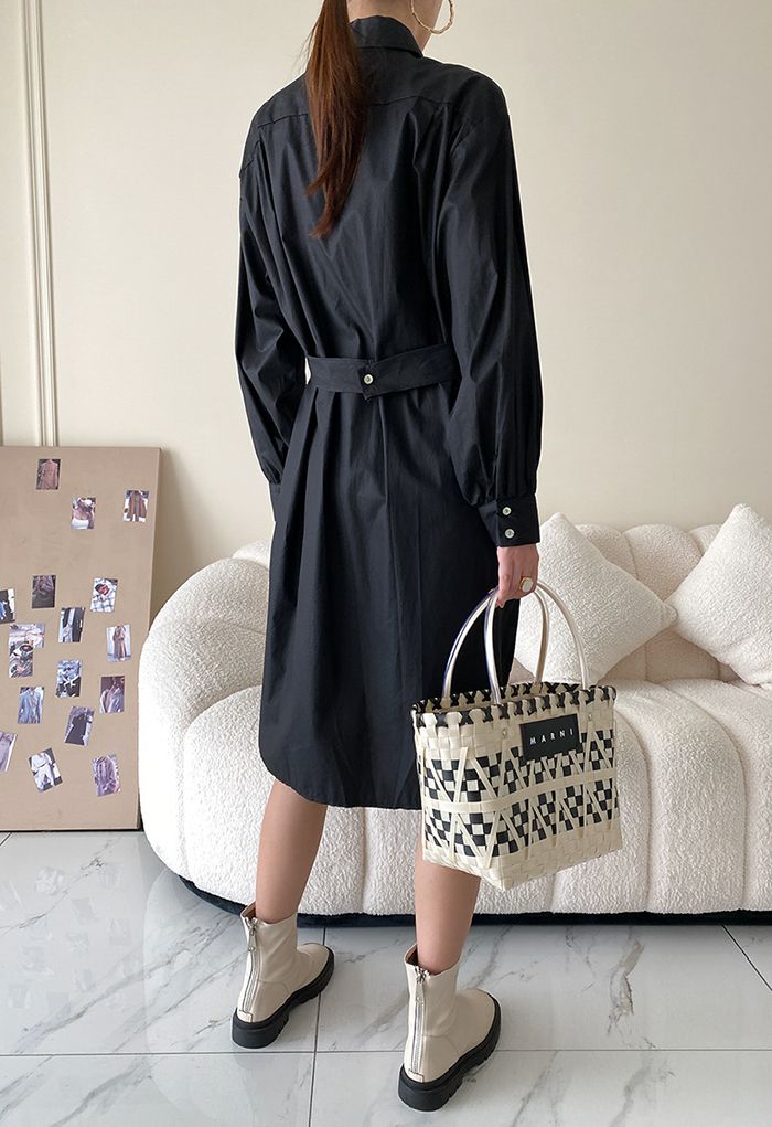 Twisted Waist Buttoned Shirt Dress in Black