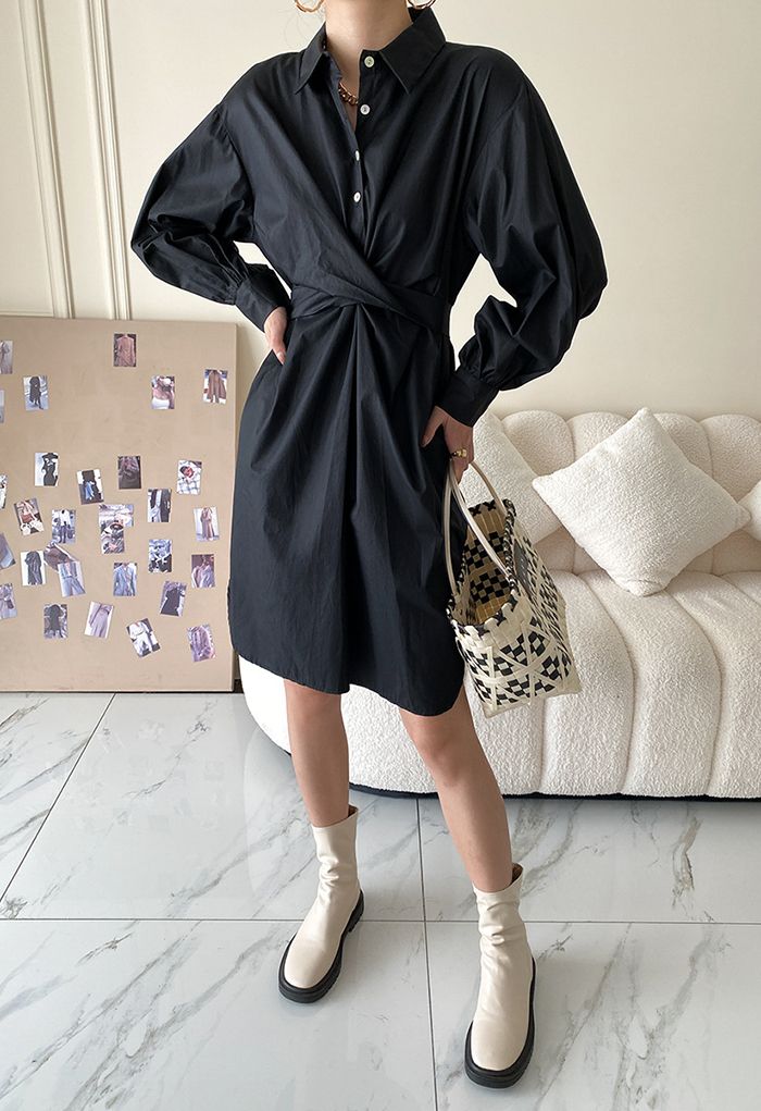 Twisted Waist Buttoned Shirt Dress in Black