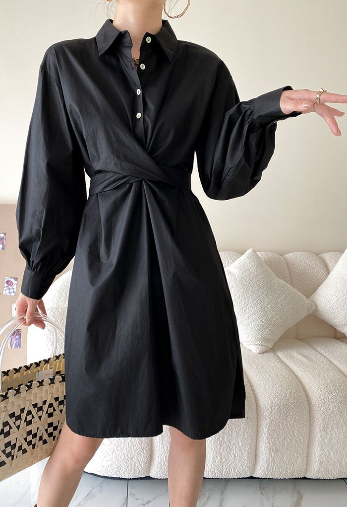 Twisted Waist Buttoned Shirt Dress in Black