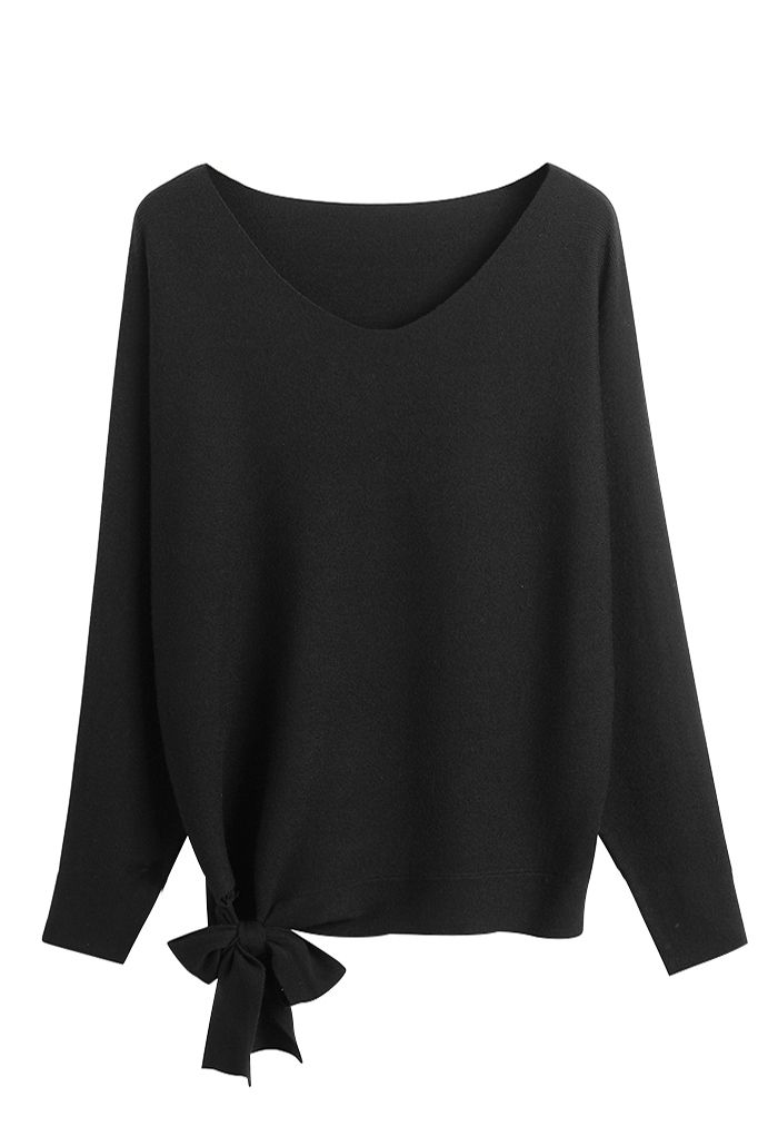 Batwing Sleeve Bowknot Oversize Sweater in Black