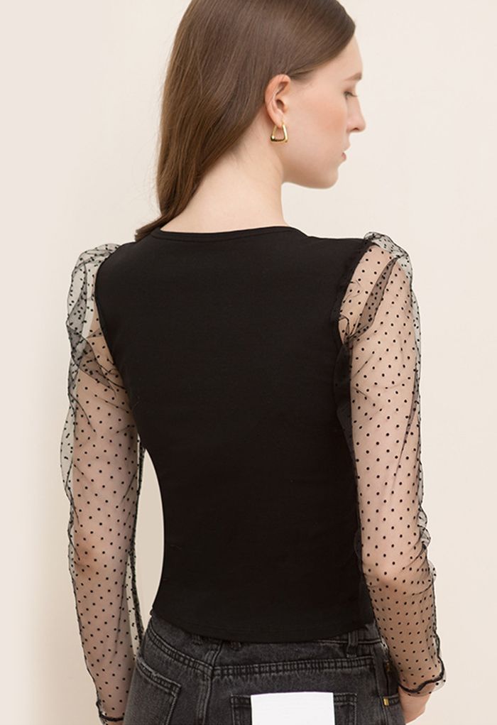 Dotted Mesh Long Sleeves Fitted Top in Black