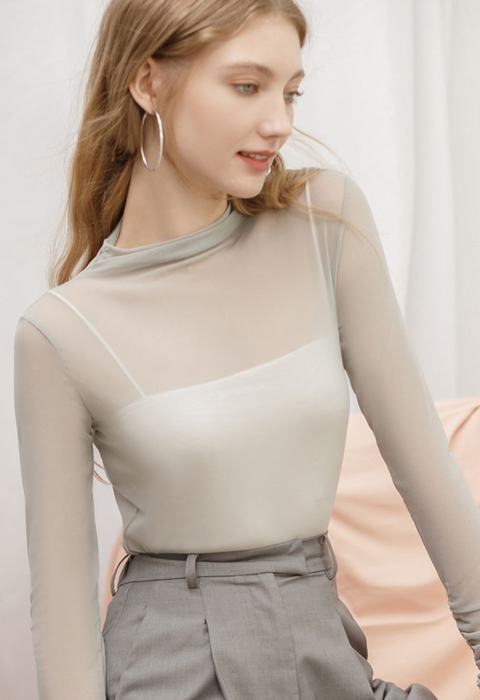 Ruched Detail Sheer Mesh Fitted Top in Grey