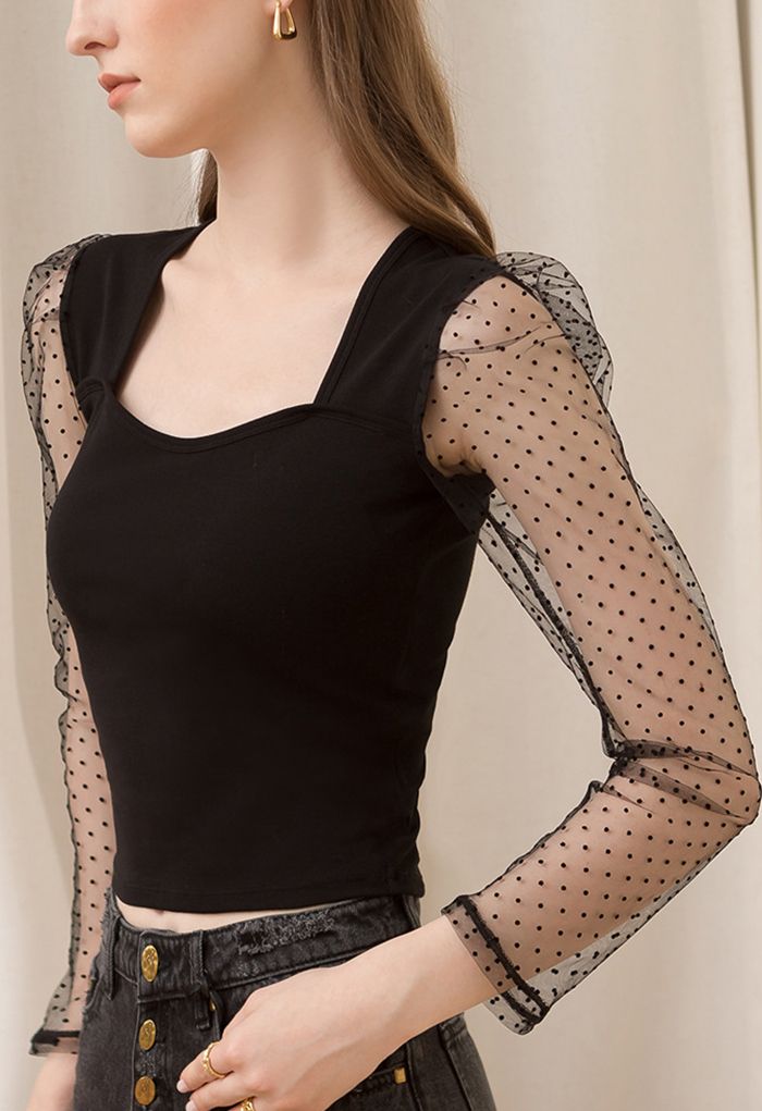 Dotted Mesh Long Sleeves Fitted Top in Black