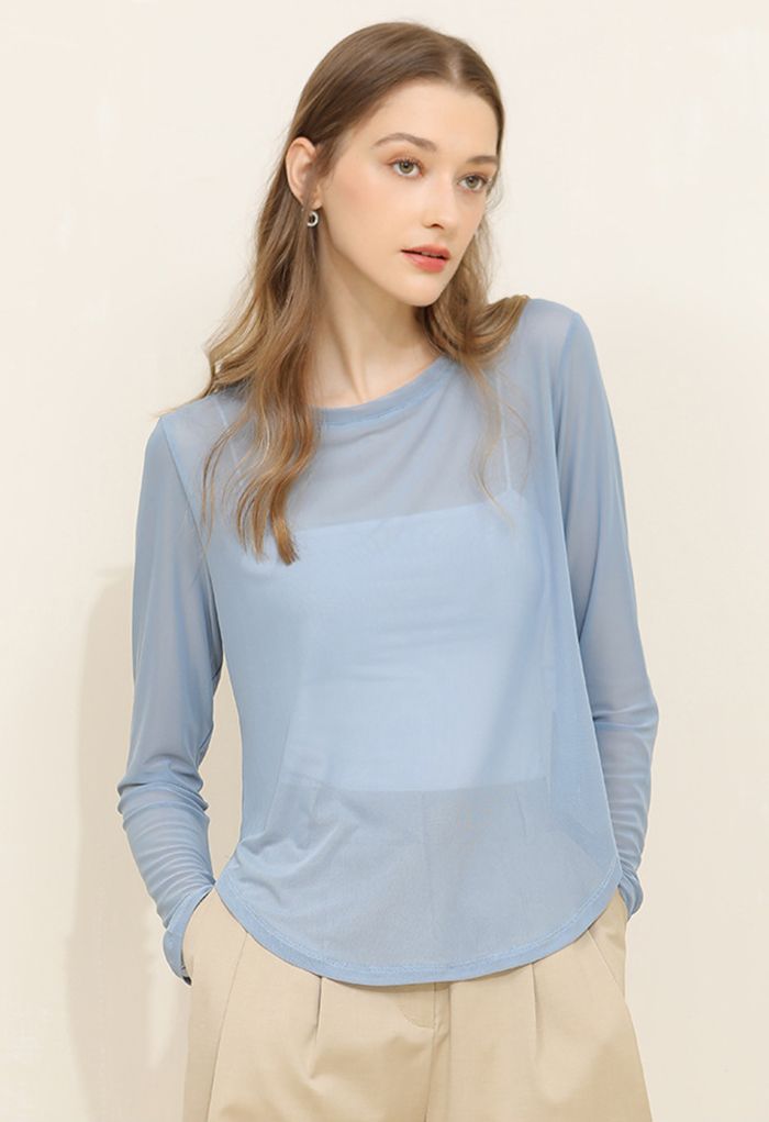 Knotted Back Sheer Mesh Top in Blue