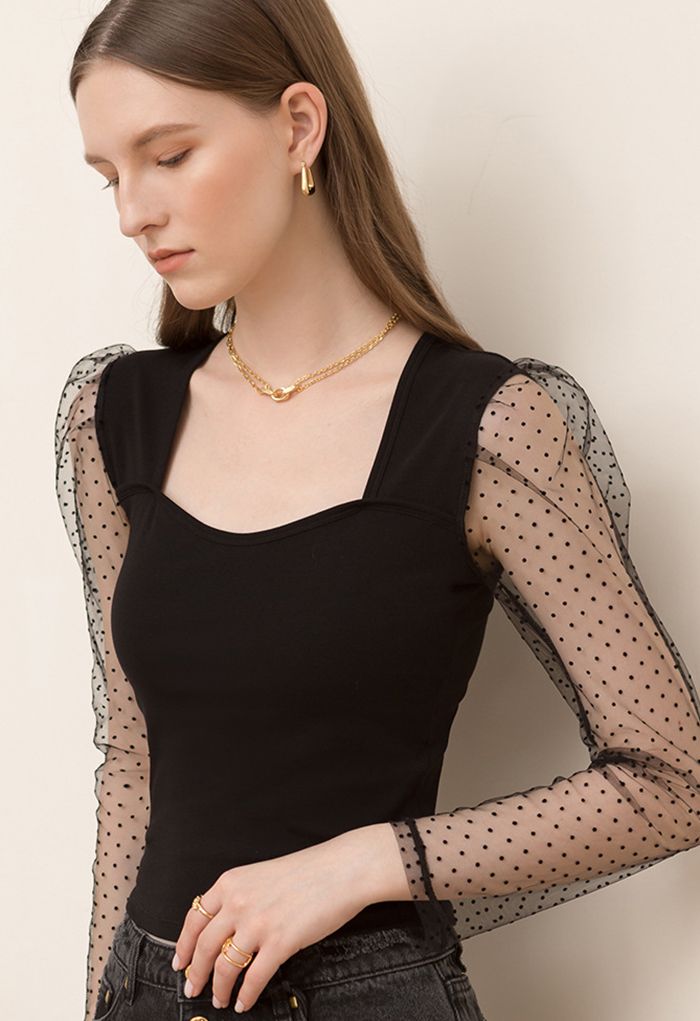 Dotted Mesh Long Sleeves Fitted Top in Black