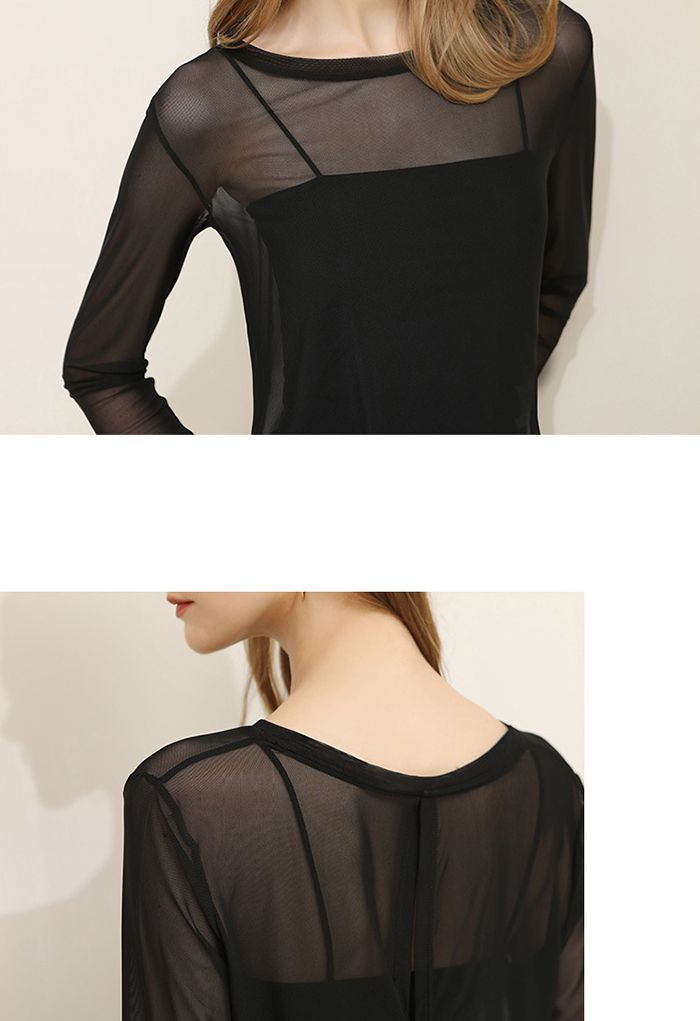 Knotted Back Sheer Mesh Top in Black