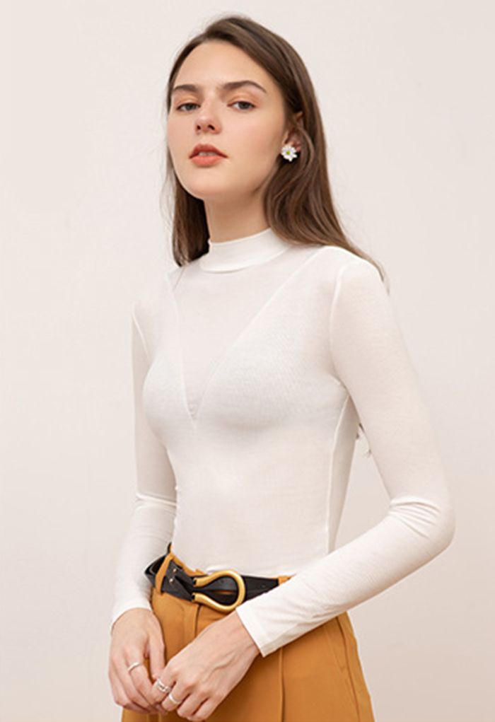 V-Shadow Mock Neck Fitted Top in White