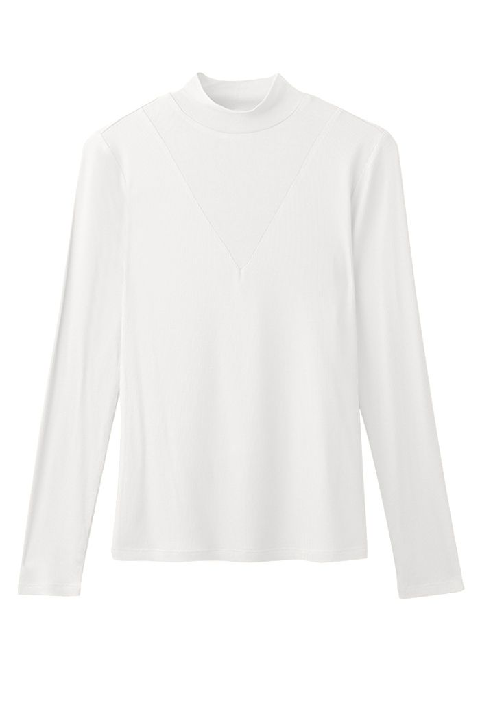 V-Shadow Mock Neck Fitted Top in White