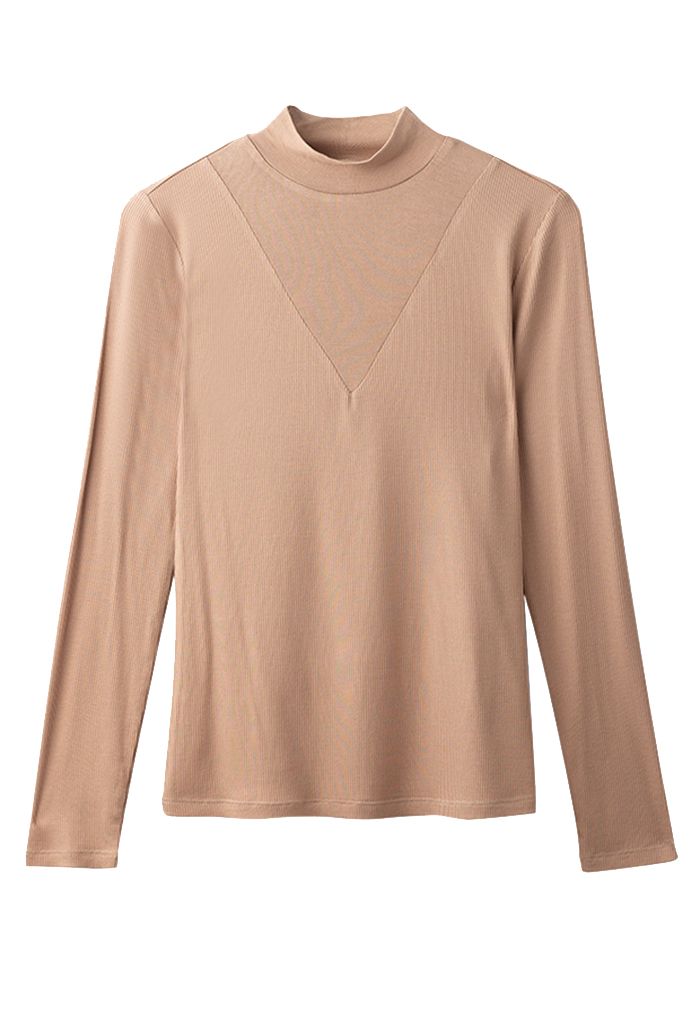 V-Shadow Mock Neck Fitted Top in Camel