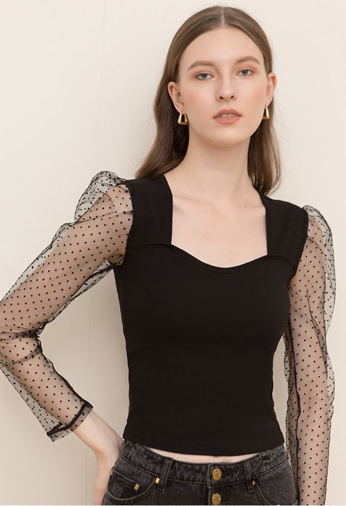 Dotted Mesh Long Sleeves Fitted Top in Black