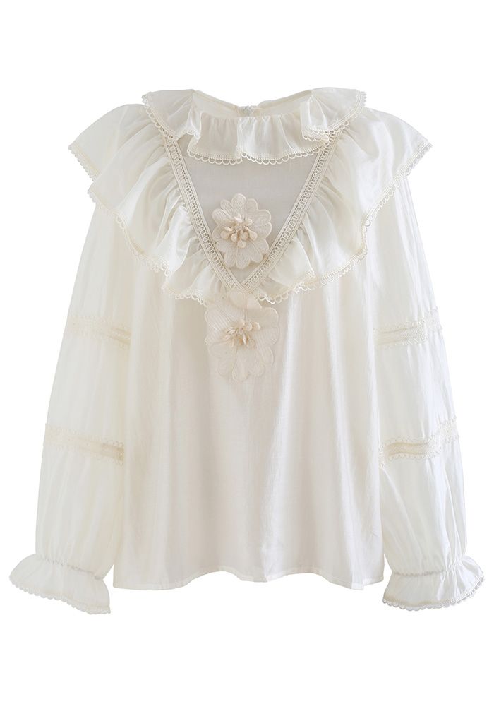 Tiered Doll Collar Floral Embroidered Shirt in Cream