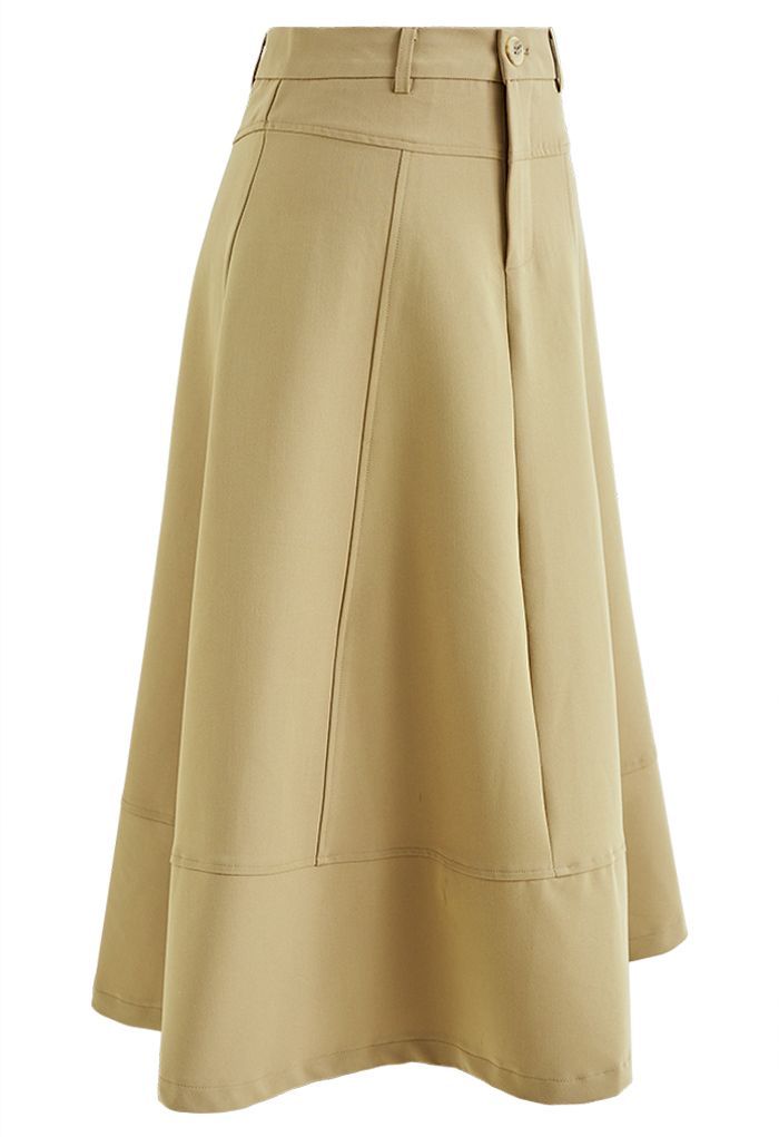 High-End Flare Hem Midi Skirt in Khaki