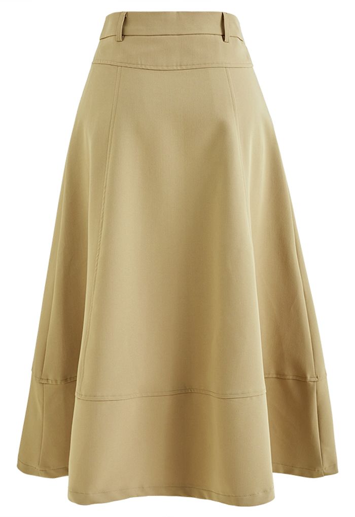 High-End Flare Hem Midi Skirt in Khaki