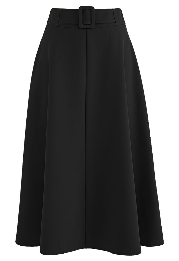 Fake Belt Casual A-Line Midi Skirt in Black