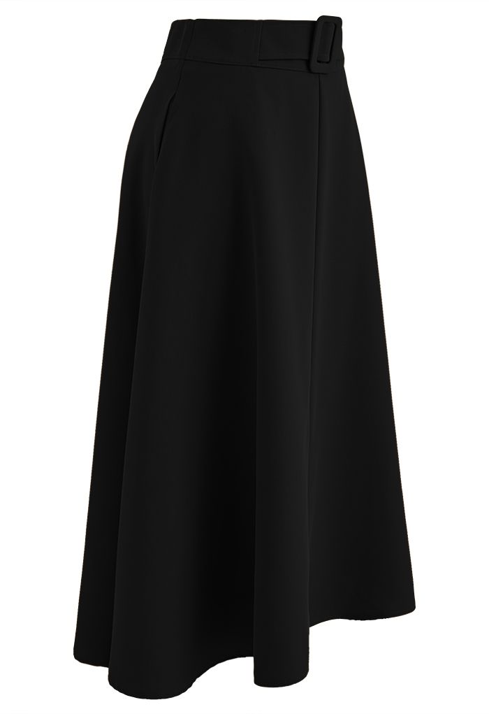 Fake Belt Casual A-Line Midi Skirt in Black
