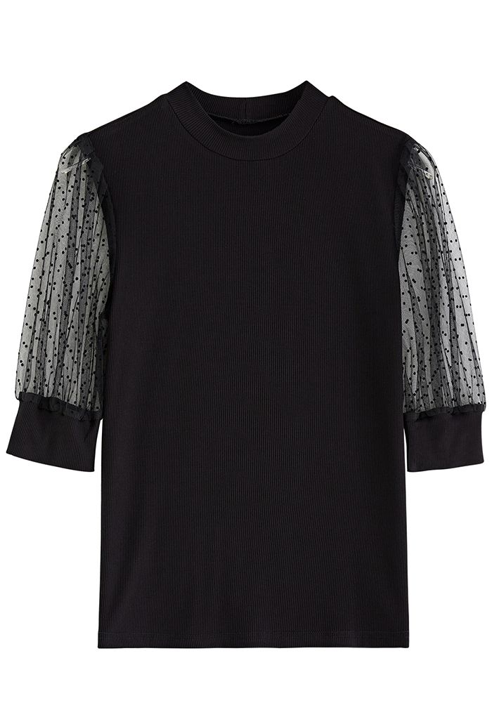 Flock Dots Elbow Sleeves Ribbed Top in Black