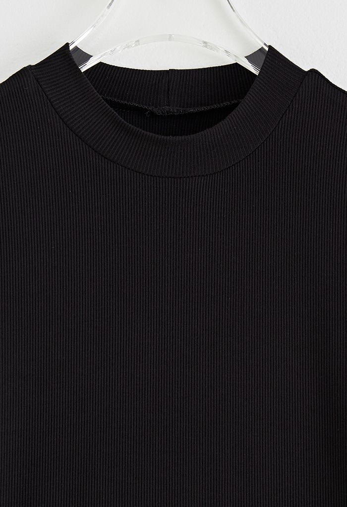 Flock Dots Elbow Sleeves Ribbed Top in Black