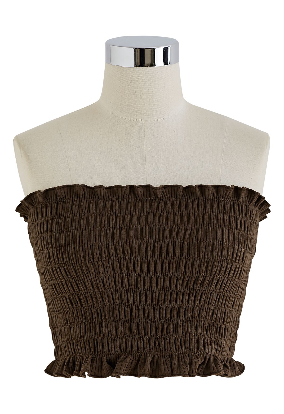 Ruffle Shirred Tube Top and Cardigan Set in Brown