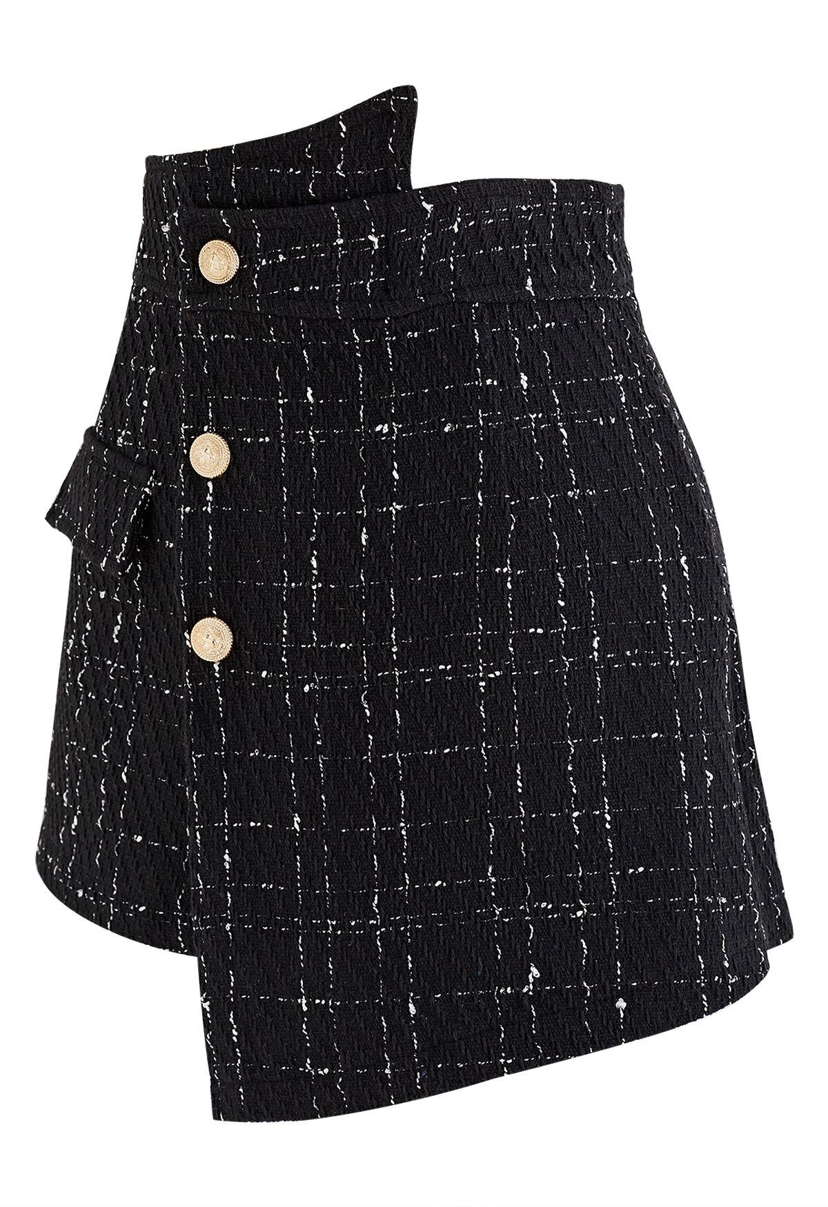 Grid Tweed Buttoned Flap Skorts in Black