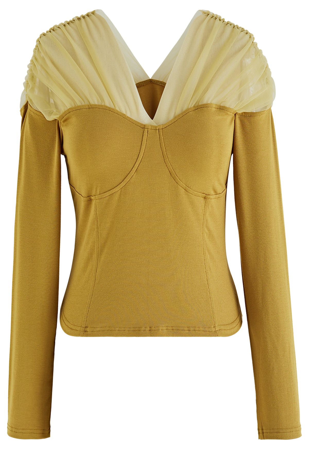 Groovy Mesh Shoulder V-Neck Fitted Top in Mustard