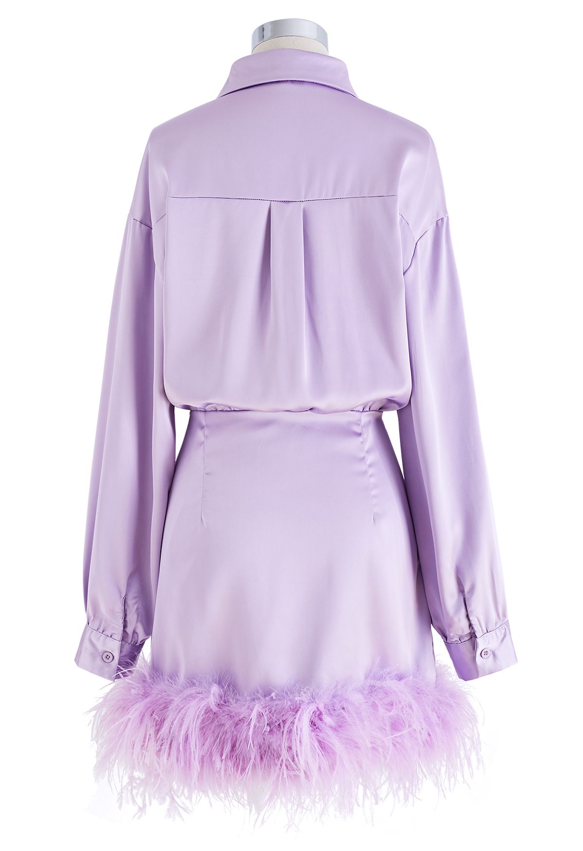 Ethereal Feather Long Sleeve Satin Dress in Purple