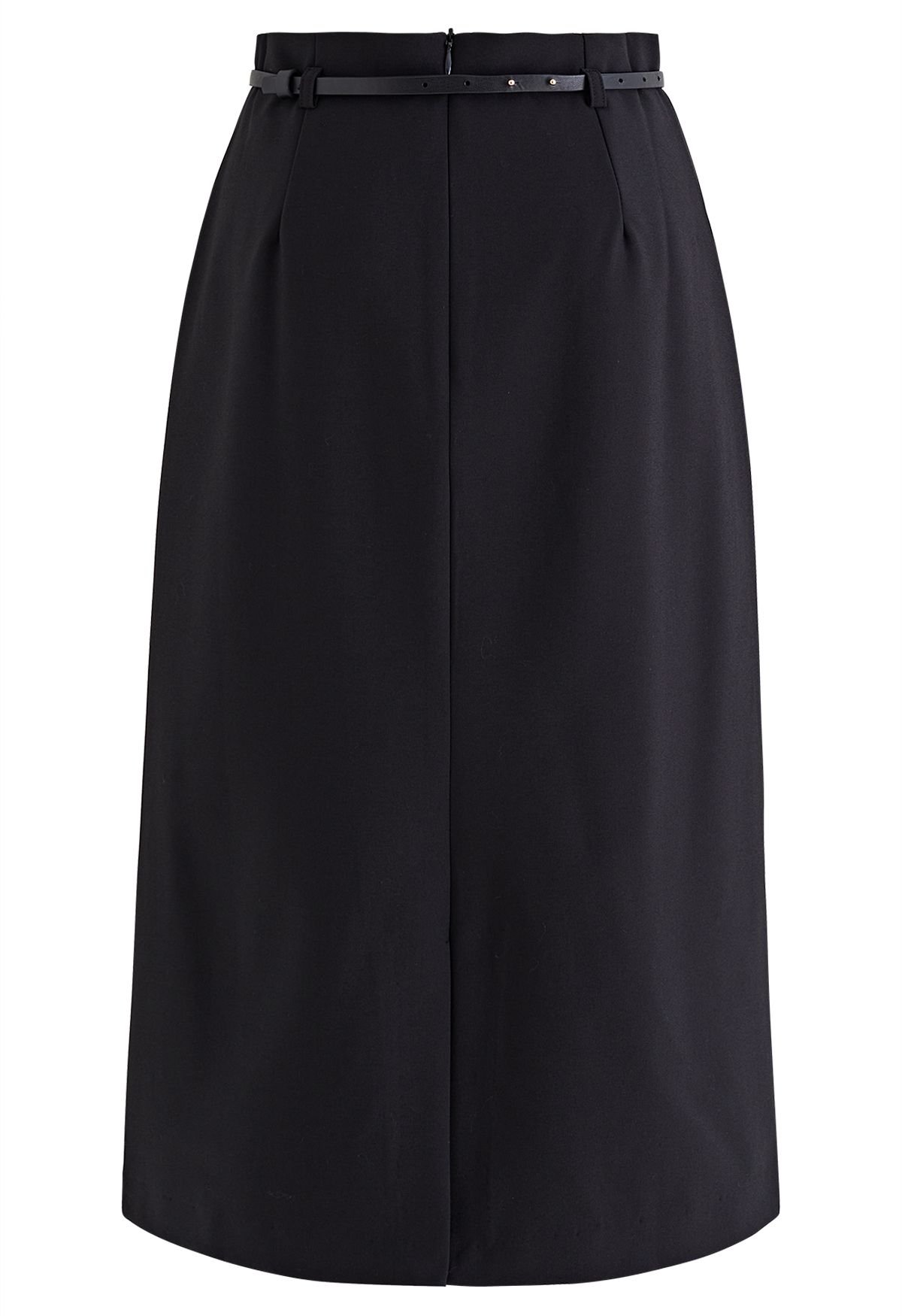 Flap Front Belted Midi Skirt in Black