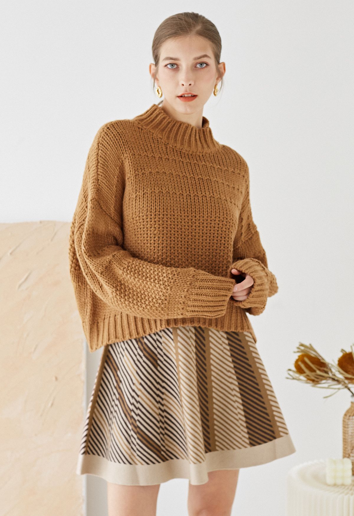 High Waist Stripe Flare Knit Skirt in Tan