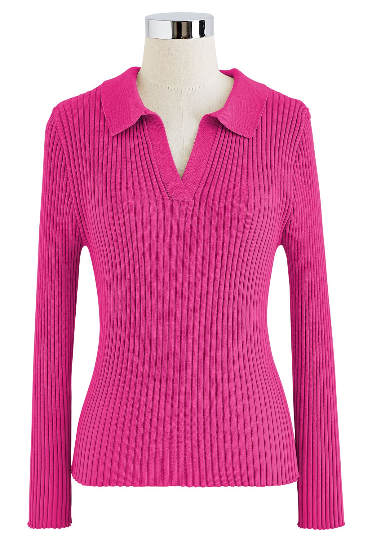 Collared V-Neck Knit Top and Pleated Skirt Set in Hot Pink