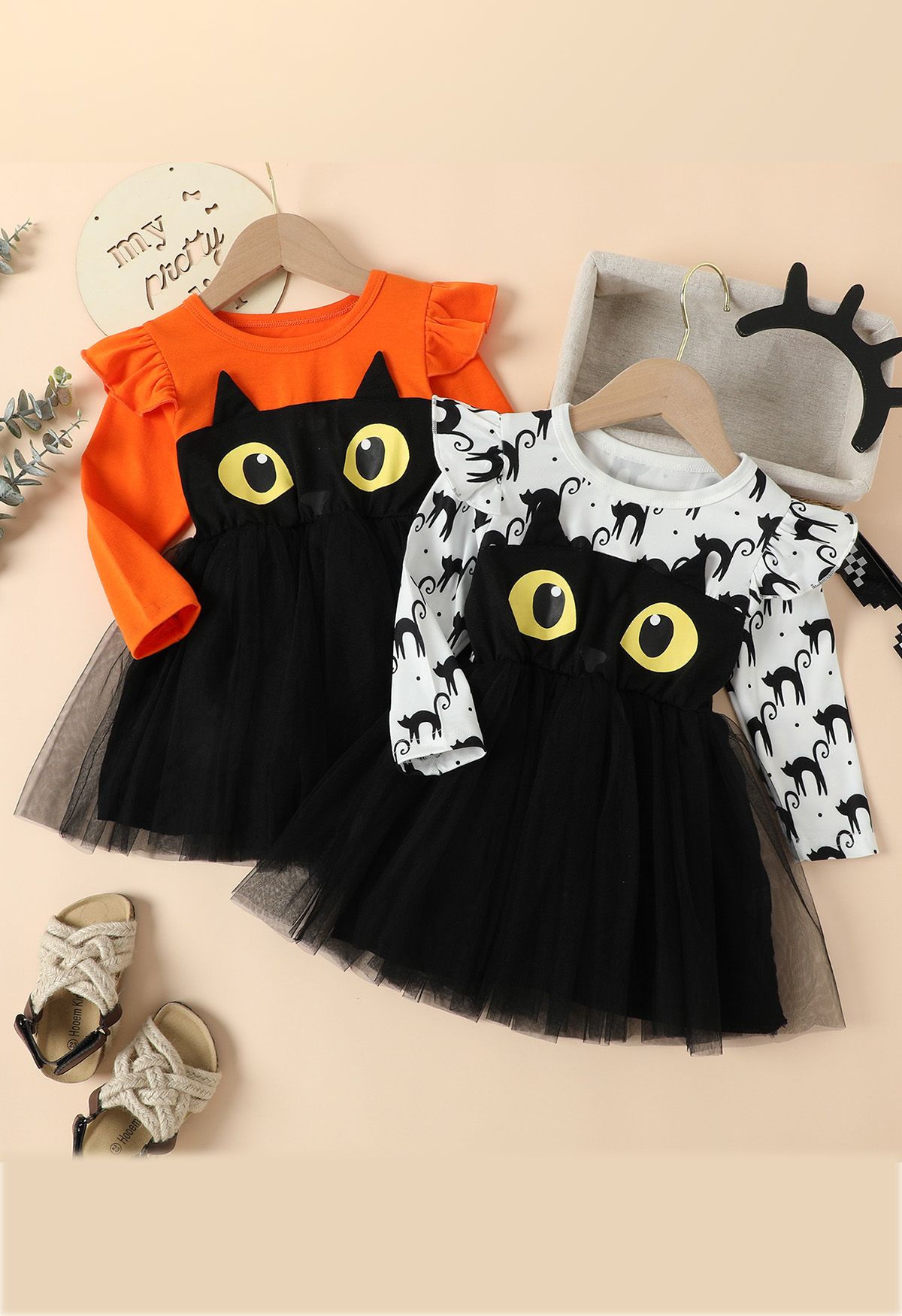 Kids' Black Owl Ruffle Mesh Tulle Spliced Dress in Orange