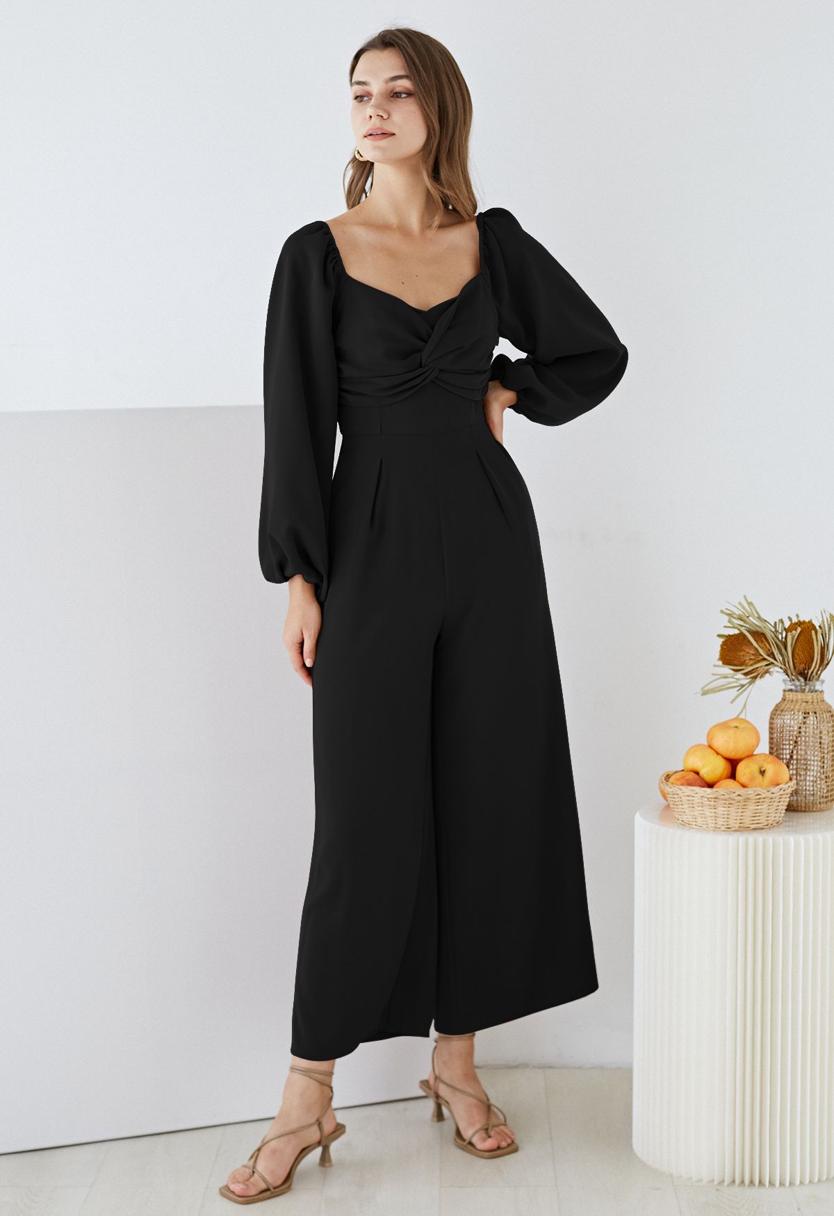 Twisted Front High Waist Jumpsuit in Black