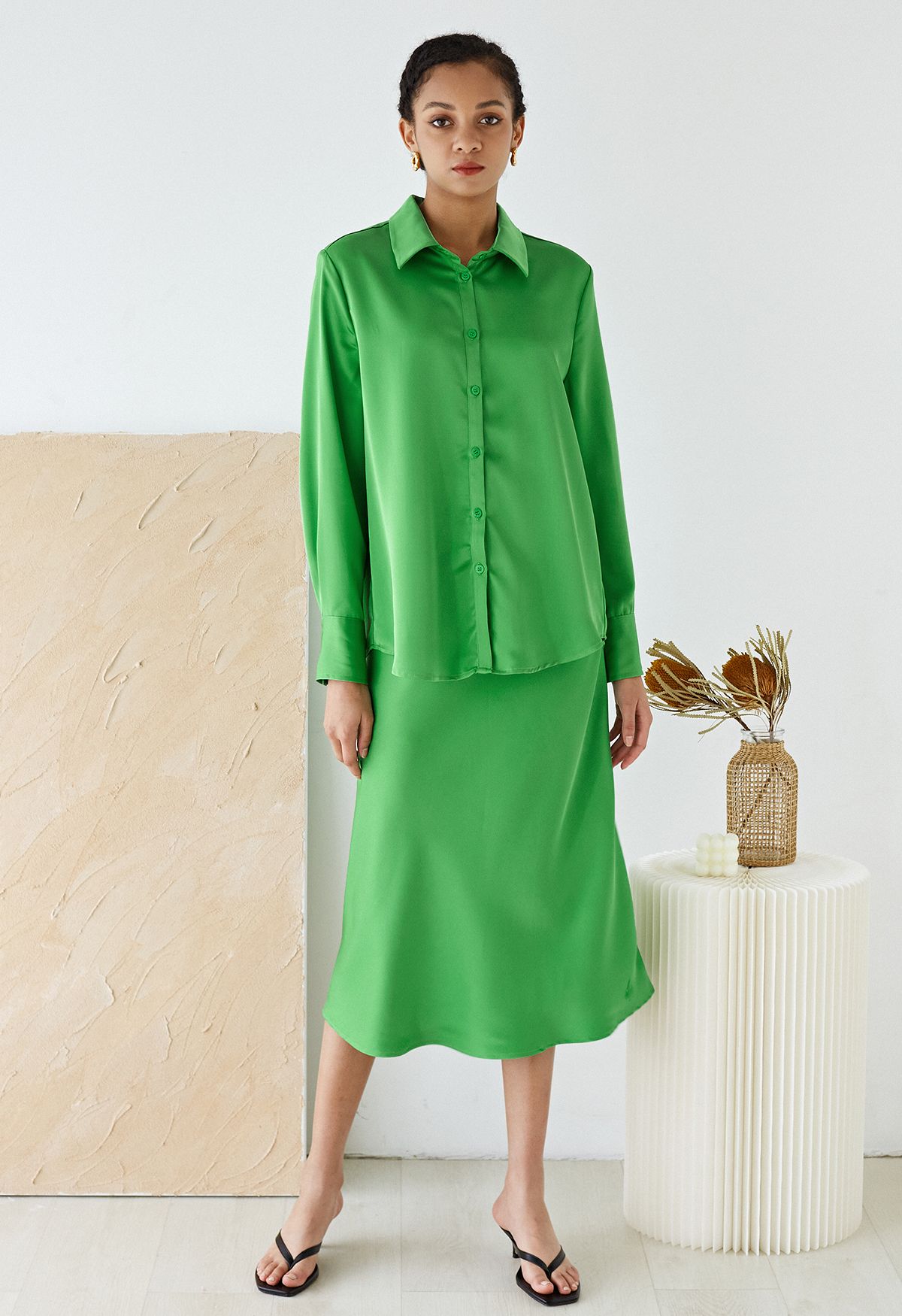 Satin Finish Bias Cut Midi Skirt in Green