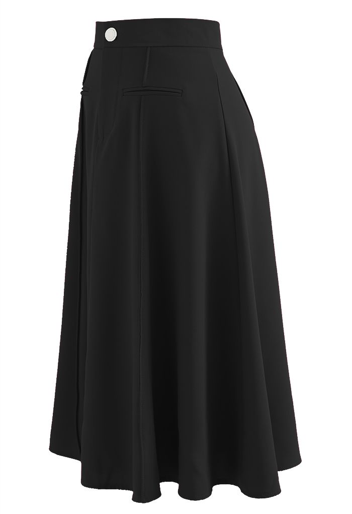 Faux Welt Pocket Seam Detail Midi Skirt in Black