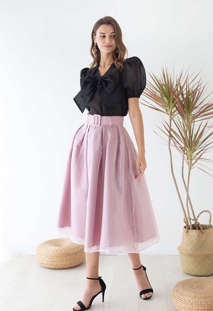 Soft Organza Pleated Midi Skirt in Pink