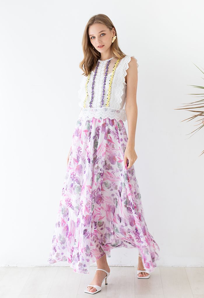 Plum Floral Watercolor Chiffon Maxi Skirt