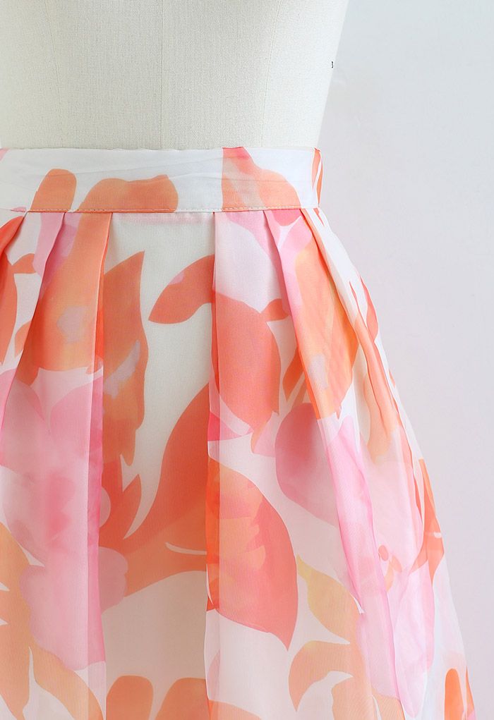 Breezy Organza Floral Pleated Midi Skirt in Orange