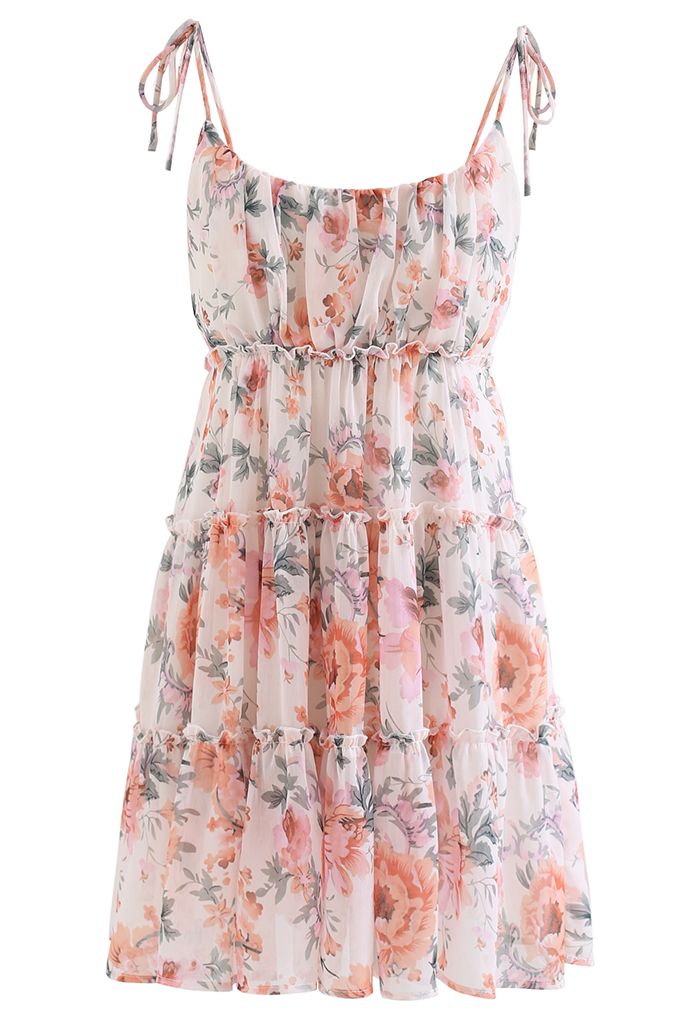 Watercolor Flower Ruffle Trim Chiffon Cami Dress